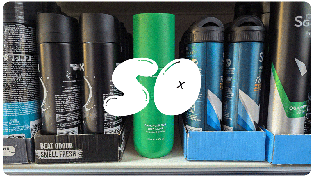 Myst stands out on a shelf of standard aerosol deodorants